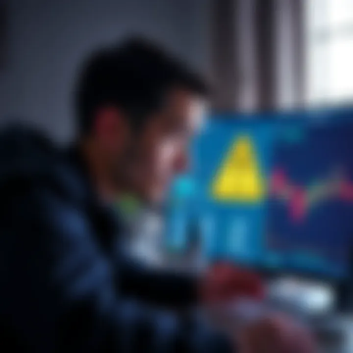 A person looks worried while analyzing a computer screen showing fluctuating cryptocurrency values and a warning sign.