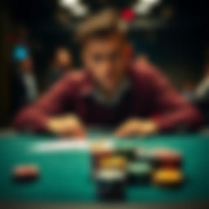 A player looks concerned at a poker table after a contentious decision by the dealer, with cards and chips in front of them.