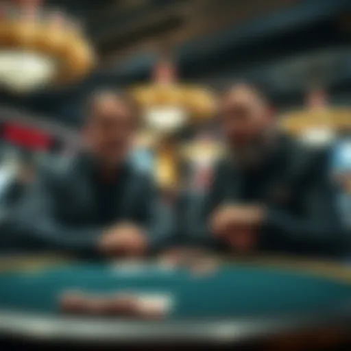 Two players at a poker table in Las Vegas communicating quietly with suspicious expressions