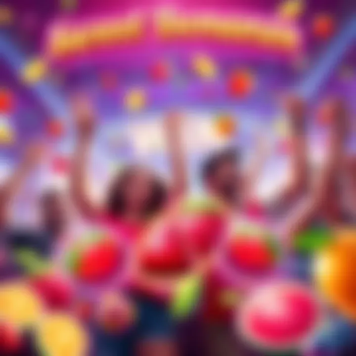 Players celebrating big wins in Sweet Bonanza with colorful fruit symbols and cheerful atmosphere