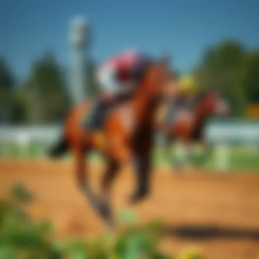 A bay mare named Swiss Skydiver galloping at full speed on a horse racing track, showcasing her strong and elegant form.