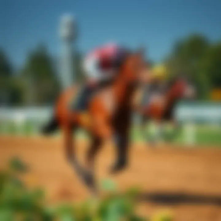 A bay mare named Swiss Skydiver galloping at full speed on a horse racing track, showcasing her strong and elegant form.