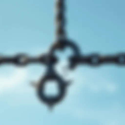 A broken chain symbolizing freedom against a blue sky background.