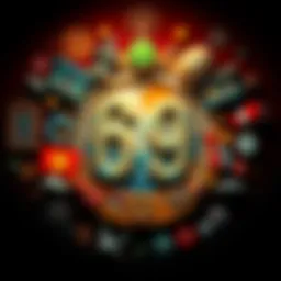 An artistic representation of the number 69 surrounded by cultural symbols and elements from different traditions.