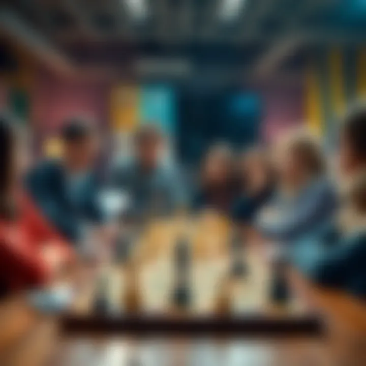 A group of diverse people discussing game strategies that involve symmetry on a tabletop, with game pieces arranged symmetrically.