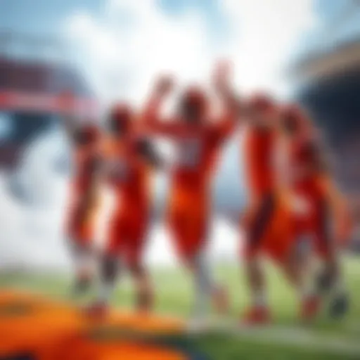 Syracuse players celebrating a touchdown during a football game, showcasing team spirit and excitement