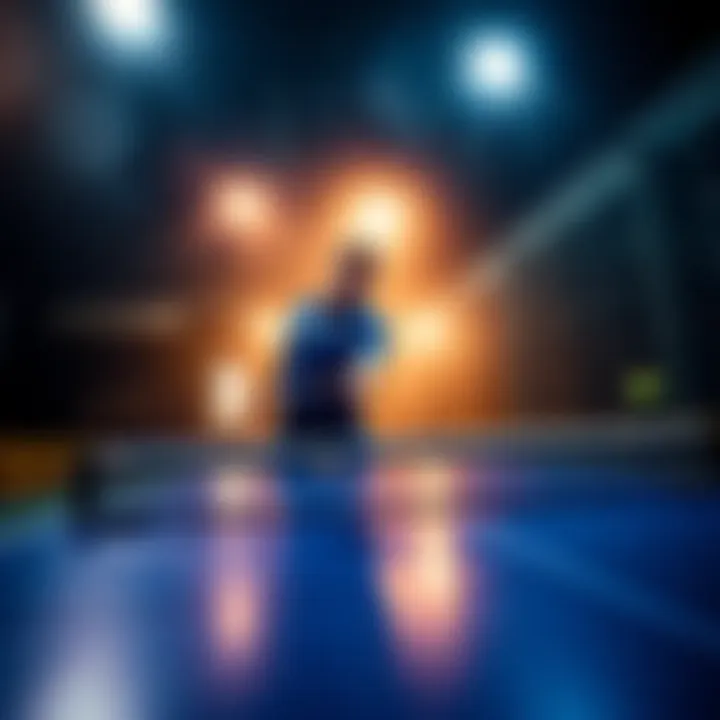 A table tennis player making a serve during a fast-paced match, showcasing focus and determination