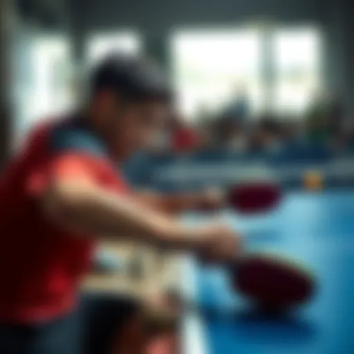 An underdog player in a table tennis match, showing determination and focus while playing against a more favored opponent.