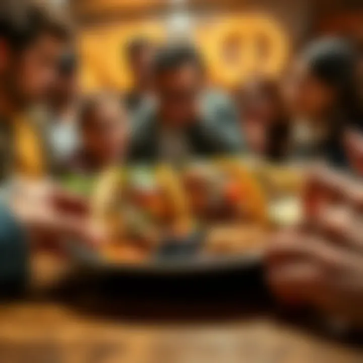 A plate of tacos with toppings, surrounded by people discussing and reacting, showing excitement and disappointment.