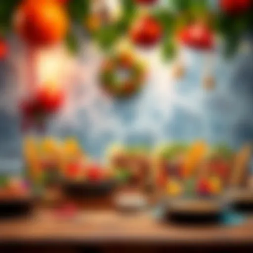 A variety of colorful tacos arranged on a table, showcasing different toppings and flavors, surrounded by festive decorations