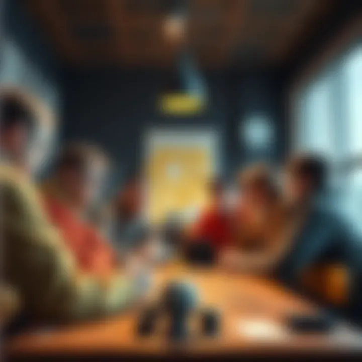 A group of players discussing strategies for the Teacher Tilter game during a home match.