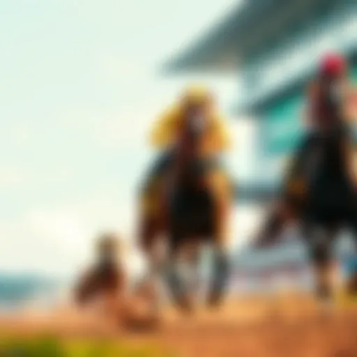 A strong racehorse named Taj Mahal racing ahead in the Preakness event, with jockey urging him on.