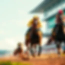 Taj Mahal racehorse leading in the Preakness A strong racehorse named Taj Mahal racing ahead in the Preakness event, with jockey urging him on.