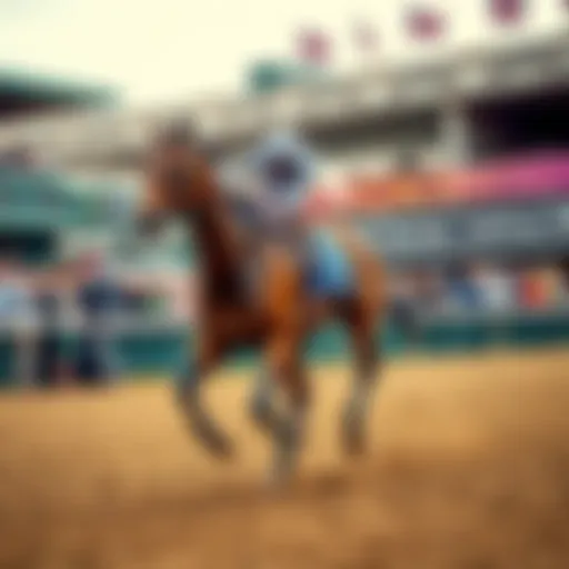 Taj Mahal, a racehorse, galloping on the track at the Preakness Stakes event, surrounded by cheering crowds and vibrant banners.