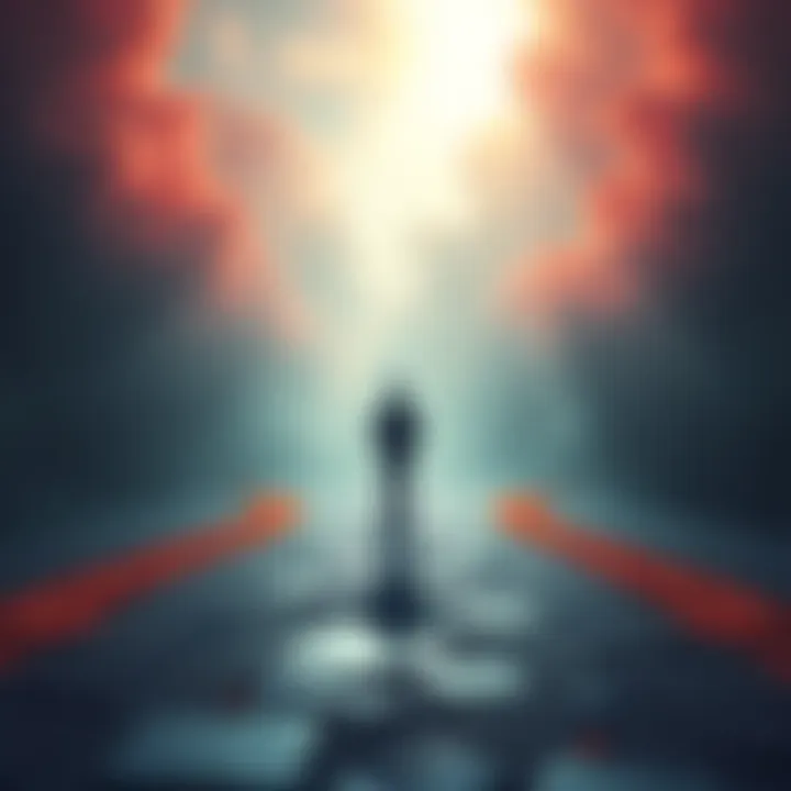 A person standing at a crossroads, looking towards a bright path while contemplating choices, symbolizing the importance of taking risks for personal growth.