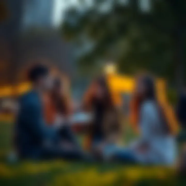 A group of young people discussing relationships casually in a park setting.