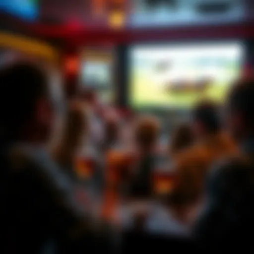 People gathered in a bar watching the Tampa Bay Downs horse race on a large screen, celebrating with drinks and lively atmosphere