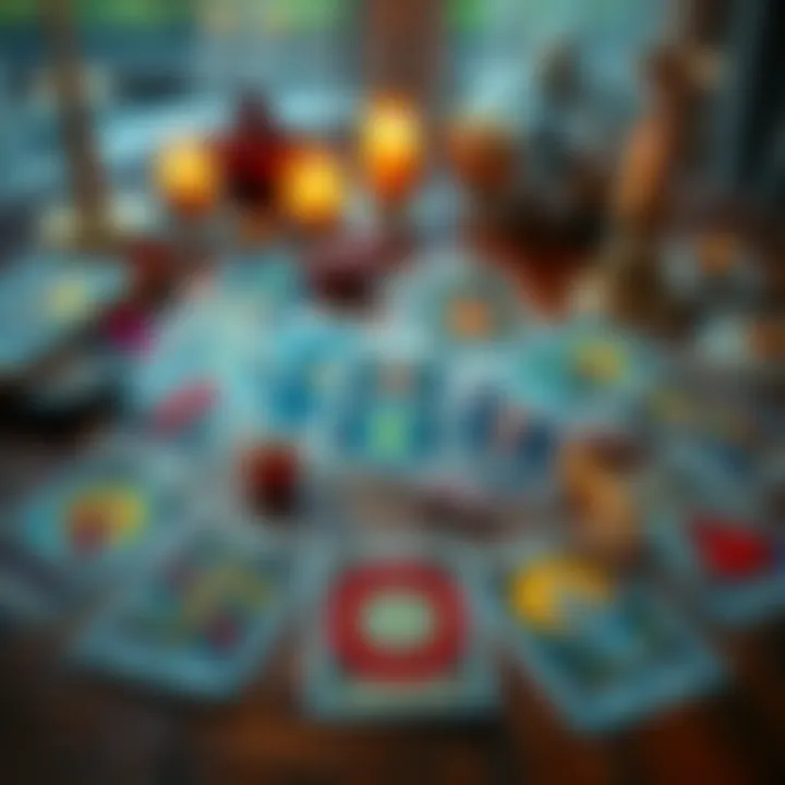 A set of colorful tarot cards displayed on a wooden table, with candles and crystals nearby, creating a spiritual atmosphere.