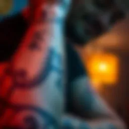 A close-up of a poker-themed tattoo on a person's arm, symbolizing past decisions, with a disappointed expression on their face.