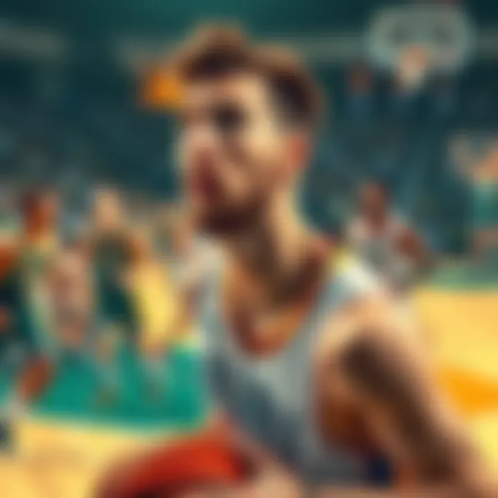 Jason Tatum playing basketball with a focused expression, surrounded by teammates and opponents.