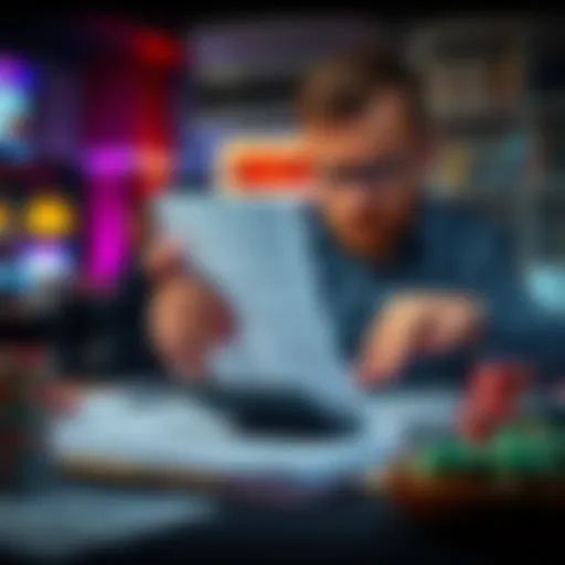 A worried player looks at tax forms with a calculator, highlighting the complexity of 1099 forms for gambling winnings.