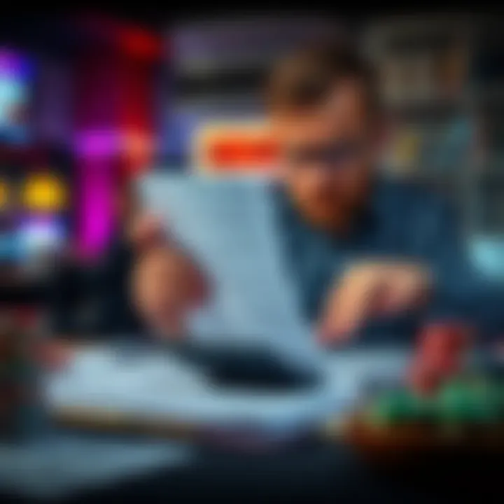 A worried player looks at tax forms with a calculator, highlighting the complexity of 1099 forms for gambling winnings.