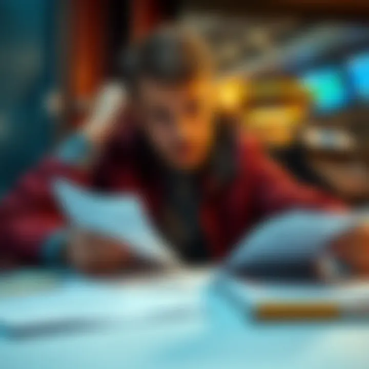 A player looking worried while reviewing betting slips and tax documents on a table