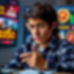 A person looking puzzled while calculating taxes with a calculator and online casino images in the background.