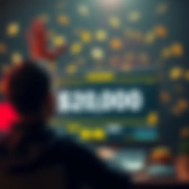 A person celebrating over a computer screen displaying $20,000 in game winnings from a small deposit, surrounded by symbols of gold and platinum