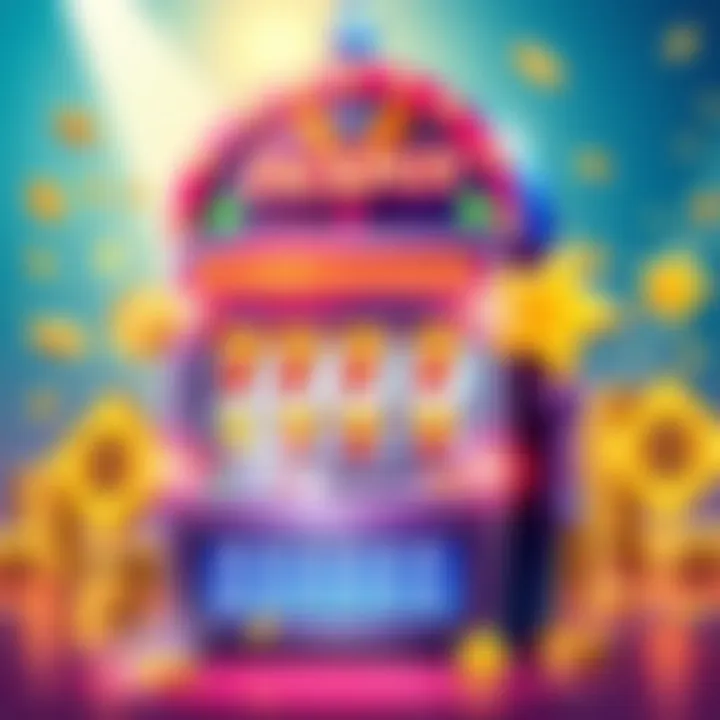 An illustration showing a slot machine with bright lights and a jackpot display, accompanied by bonus symbols like coins and stars.