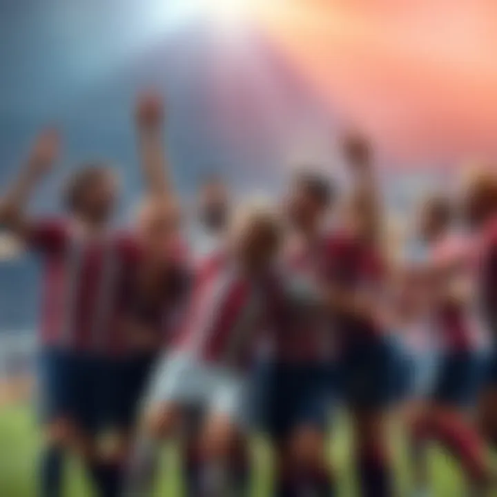 A sports team bursts into celebration after scoring a goal in a crucial match, showing excitement and joy.