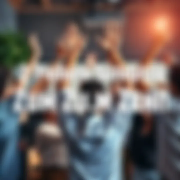 A group of diverse people celebrating together with raised hands, showing excitement and motivation