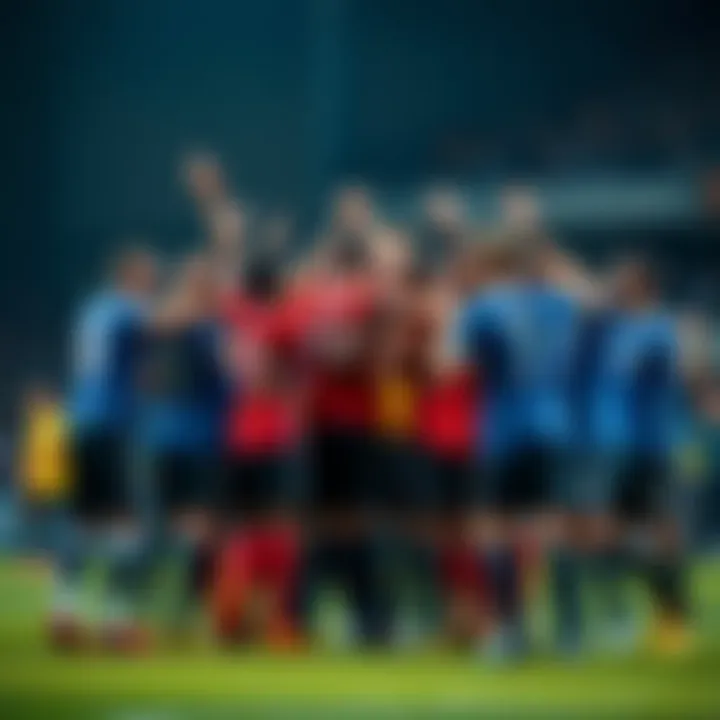 A diverse group of athletes in sports uniforms celebrating a victory, showing teamwork and unity on the field.