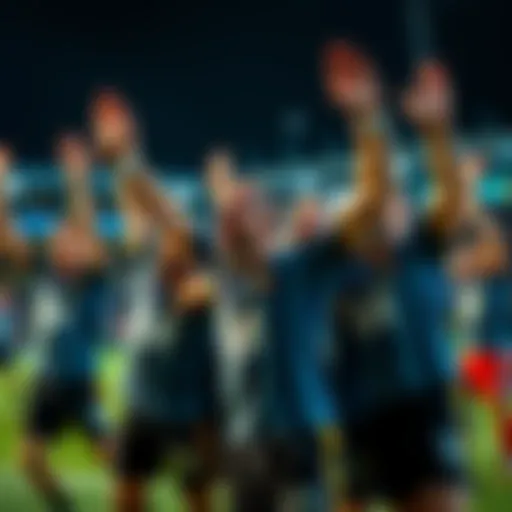 A sports team joyfully celebrating their win with raised arms and smiles on their faces.