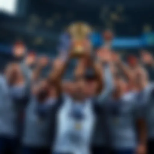 A group of players celebrating their win with smiles and cheers, holding up a trophy in the air.