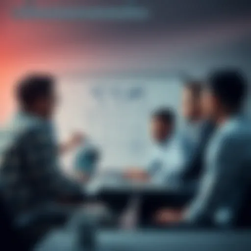 A group of people in a meeting room brainstorming ideas on a whiteboard, looking determined to improve after a setback.