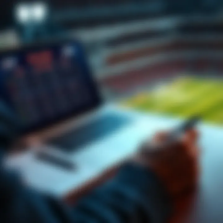 A person analyzing sports team selections on a laptop with notepad and pen nearby, contemplating changes.