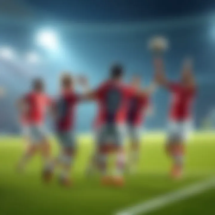 Players celebrating a goal during a match, showing teamwork and enthusiasm.