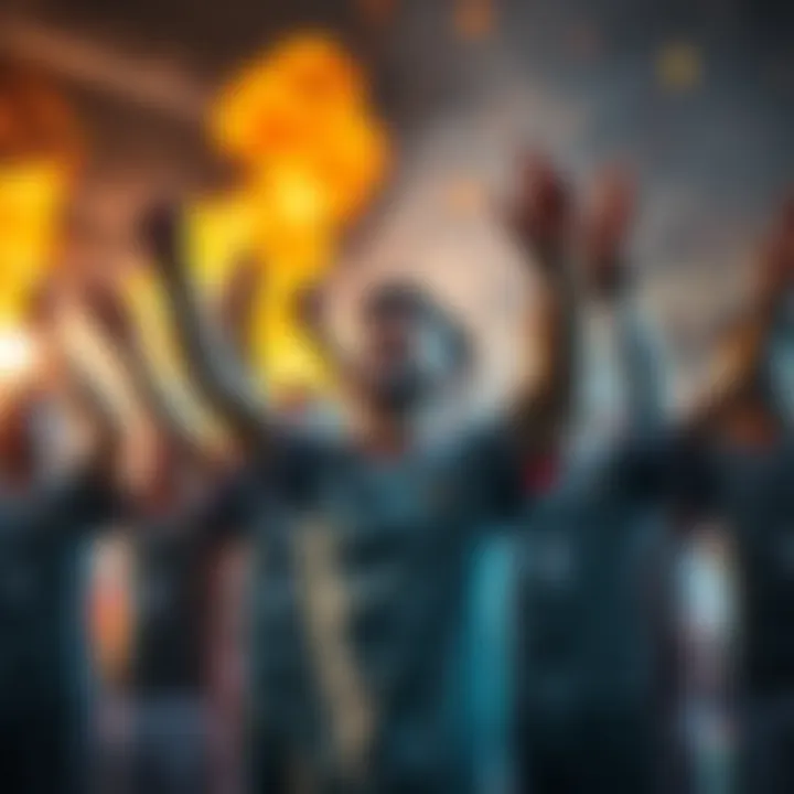 A sports team celebrating their near sweep victory with joyful expressions and raised arms.