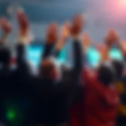 Team celebrating a successful moment A group of diverse people celebrating with raised hands, showing excitement about achieving success together