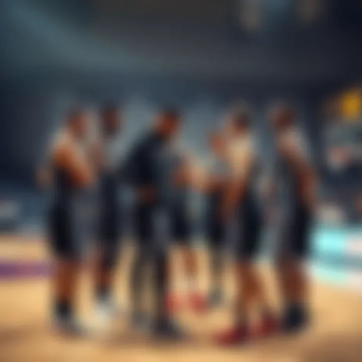 Team discussing strategy after game Basketball team huddled together looking disappointed after a game