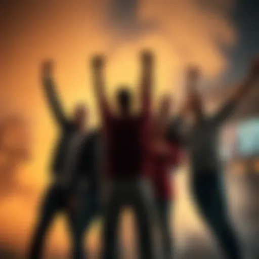 A diverse group of six people celebrating together after achieving a goal, showing determination and teamwork.