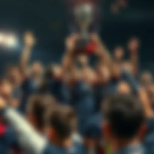 Team celebrating victory A group of athletes joyfully celebrating after winning a game, holding a trophy and showing excitement