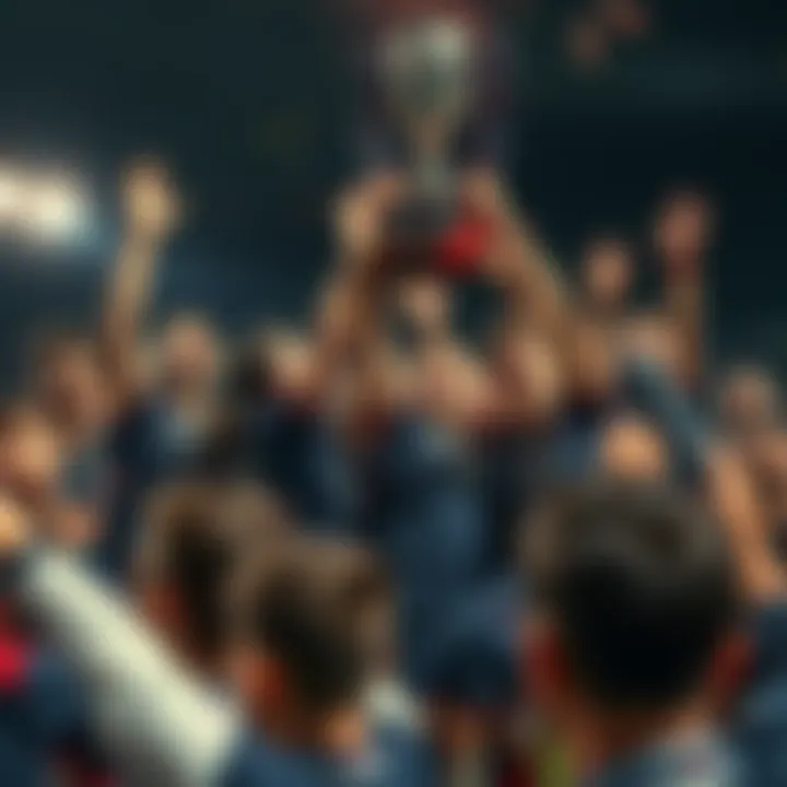 Team celebrating victory A group of athletes joyfully celebrating after winning a game, holding a trophy and showing excitement