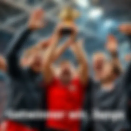 A group of young men smiling and celebrating a sports victory, holding a trophy in the air.