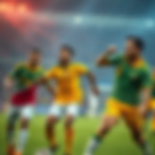 Soccer teams from South Africa, Qatar, and Australia shown in action during a match, struggling to progress in the World Cup group stage.
