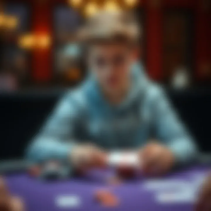 A 16-year-old boy sitting at a poker table, focused on his cards and chips, contemplating the game.
