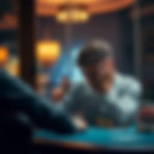 A 19-year-old young man sitting at a table with his head in his hands, looking distressed after losing money while gambling.