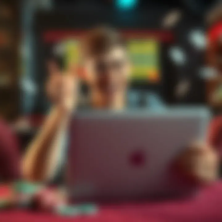 Teen winning at online poker A young man celebrating his online poker win with a laptop and poker chips around him