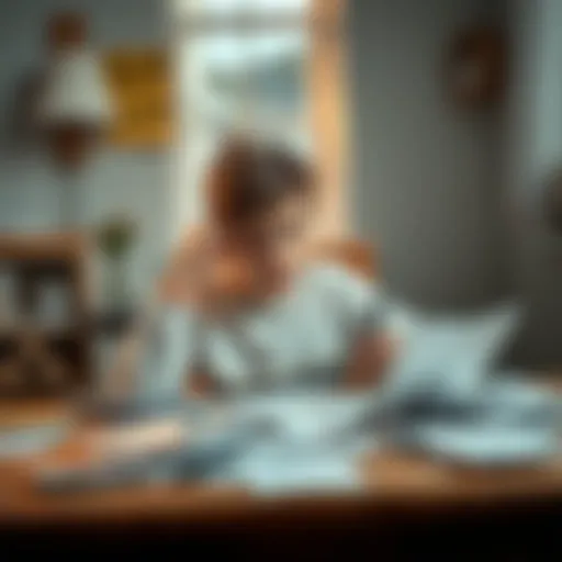 A 14-year-old boy sits at a table with a worried expression, papers and bills scattered around him, symbolizing family debt and emotional stress.